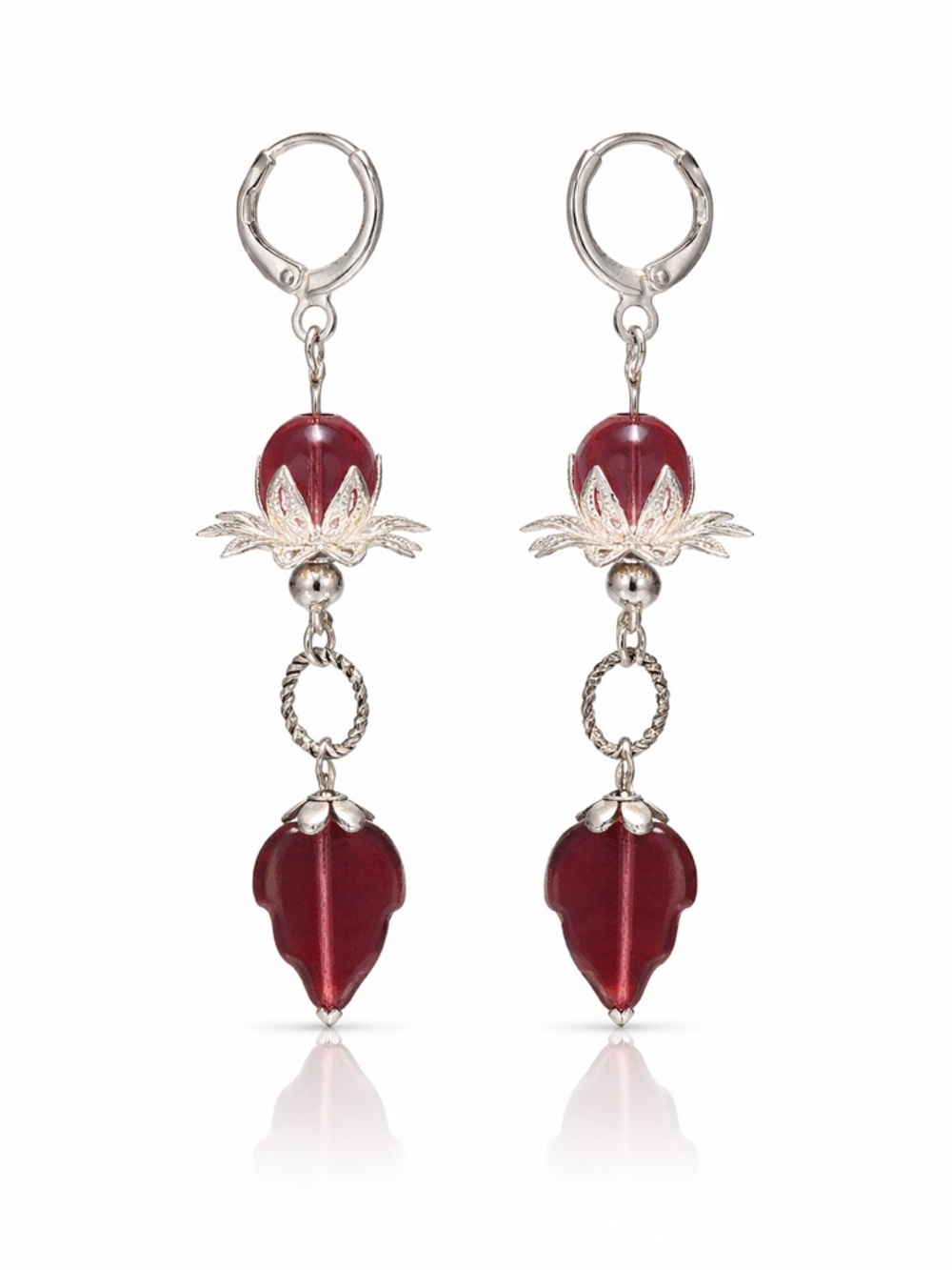 Aubergine Glass Dangle Earrings • Translucent Plum • Silver Floral Boho - Picture 5 of 6